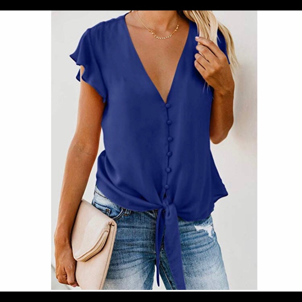 🆕Ruffle Cap Sleeve Tie Knot Summer Blouse - Picture 1 of 2